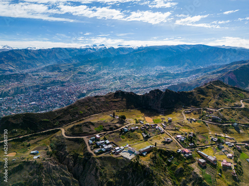 Aerial view from the impressive landmark Muela del Diablo down into the valley with the highest capital and vibrant city La Paz and El Alto, Bolivia