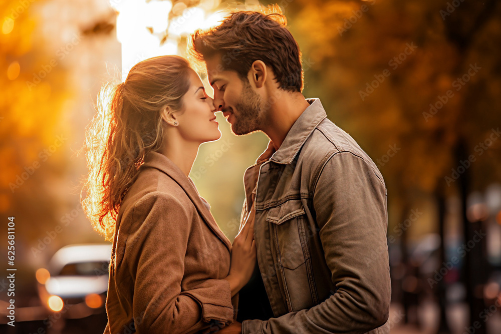 Beautiful young couple in love kissing on the background of autumn city. selective focus. 