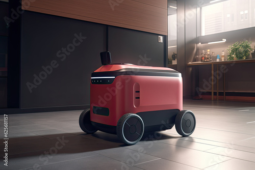 Illustration of a robot transporting goods from an online store to a customer's home, generative ai.