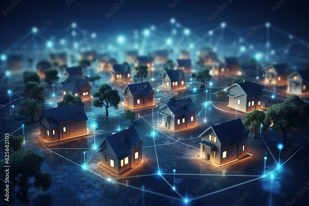 Suburban community connected with smart homes at night. Digital society grid. Future neighborhood network. Smart home small town at night. Smart city connectivity. Smart living. Generative AI Suburban community connected with smart homes at night. Digital society grid. Future neighborhood network. Smart home small town at night. Smart city connectivity. Smart living. Generative AI