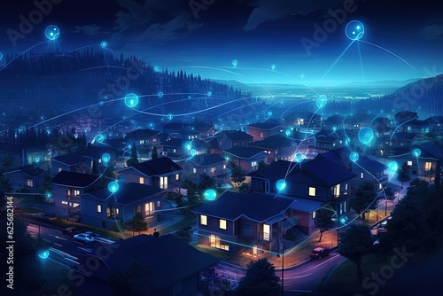 Suburban community connected with smart homes at night. Digital society grid. Future neighborhood network. Smart home small town at night. Smart city connectivity. Smart living. Generative AI © Paul