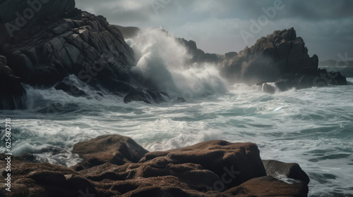 The Majestic Power of Breaking Waves on Coastal Rock Formations.