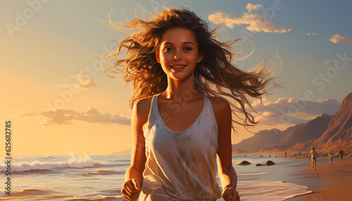 Girl close up walking on sandy beach in Bahamas at sunset made with Generative AI