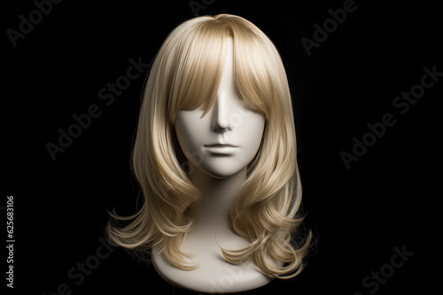 Full female blonde wig curly hair mannequin head, isolated, black background, created with Generative AI