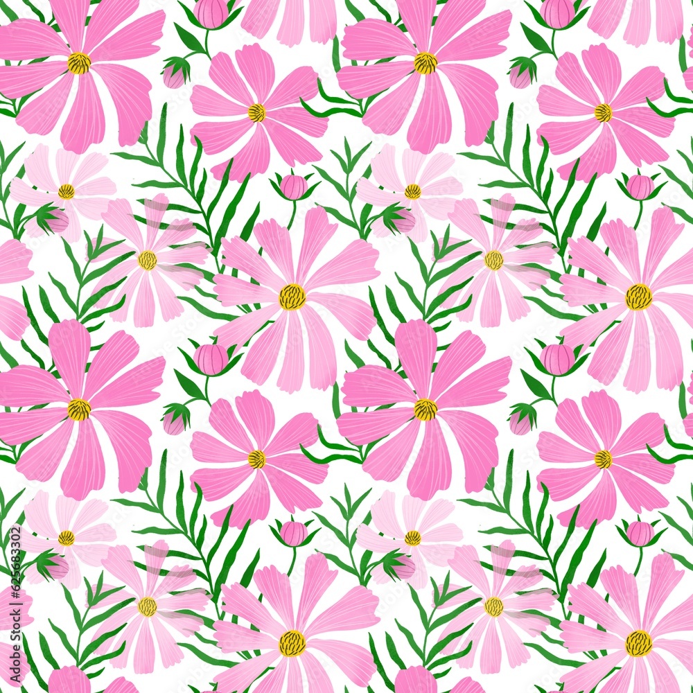 Pink cosmos flower seamless pattern Wildflower repeat background. Gentle hand drawn summer floral print, textile design, botanical wallpaper, package, wrap paper. Simple meadow plant illustration.