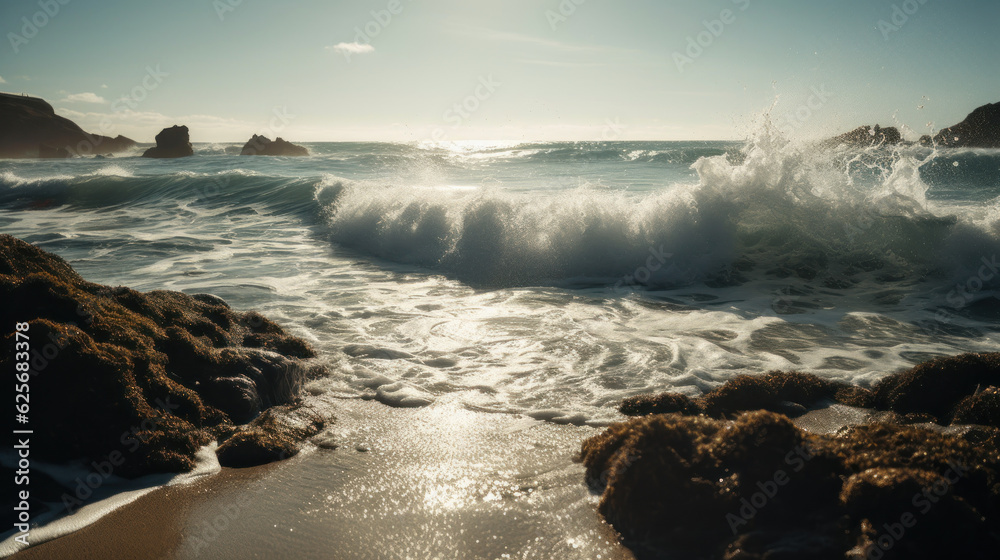 Obraz premium The soothing sound of waves crashing against the shore. The sun glints off each wave as it hits the beach.