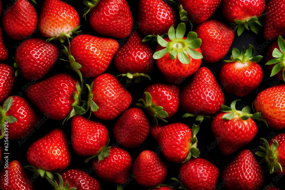 Large pile of fresh strawberries with a green stem on the top on a black background Large pile of fresh strawberries with a green stem on the top on a black background
