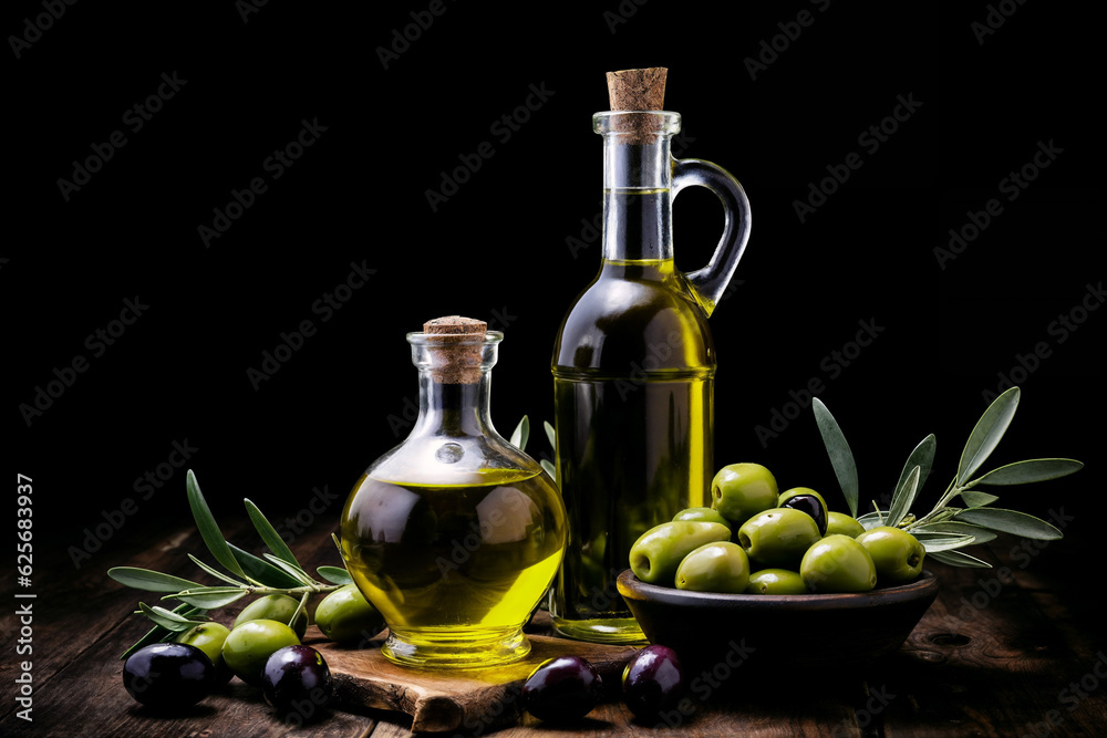 bottle of olive oil next to a bowl of olives on a wooden table bottle of olive oil next to a bowl of olives on a wooden table