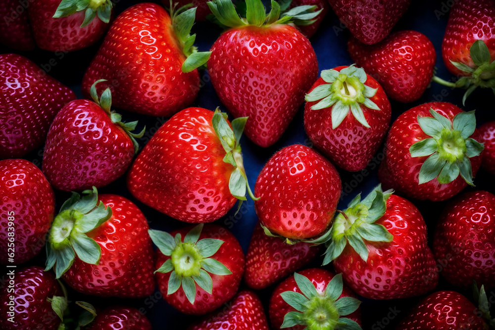 Large pile of fresh strawberries with a green stem on the top on a black background Large pile of fresh strawberries with a green stem on the top on a black background