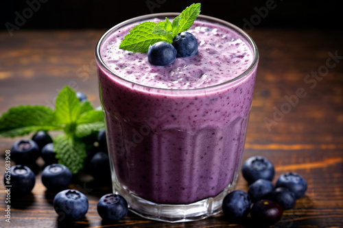 glass of blueberry smoothie with fresh berries and mint on a blue background
