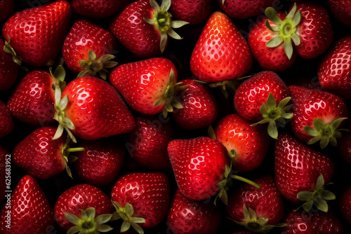 Large pile of fresh strawberries with a green stem on the top on a black background