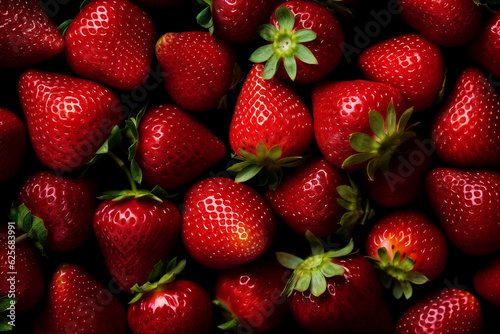 Large pile of fresh strawberries with a green stem on the top on a black background