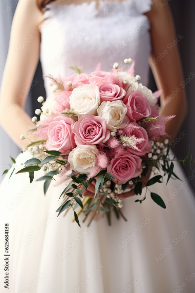 A bride holds her bridal bouquet with white and pink flowers, portrait format, Generative AI