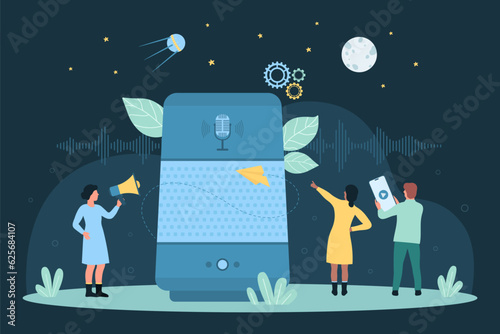 Cartoon tiny people control home IOT system through wireless commands on speakers microphone, talk with virtual bot via phone. Smart voice personal assistant, AI recognition dark vector illustration.