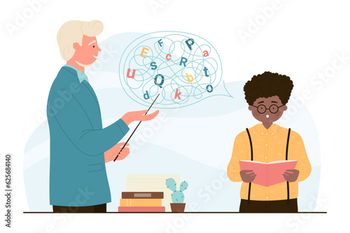 Speech therapy lesson for kid vector illustration. Cartoon teacher character teaching little boy to practice correct speech articulation, training pronunciation support and counseling by therapist