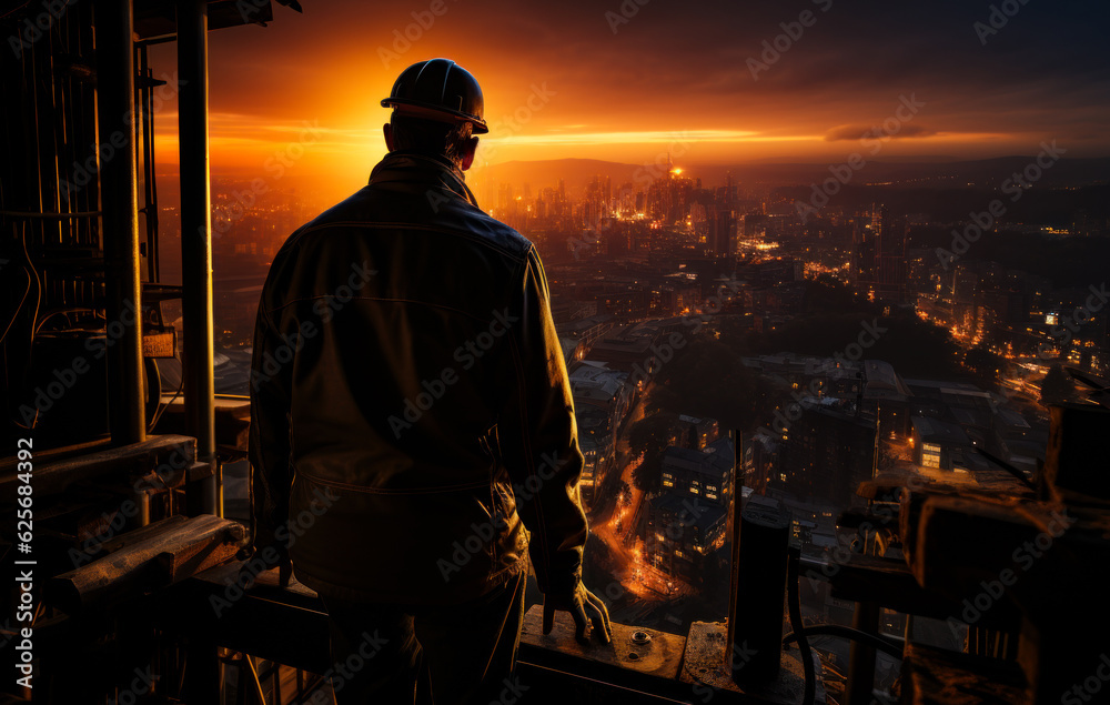Male engineer in hard hat looking at the city. Man enjoying the cityscape from top at night. Generative AI. Male engineer in hard hat looking at the city. Man enjoying the cityscape from top at night. Generative AI.