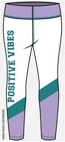 CUT AND SEW PANEL LEGGING WITH ACTIVE PSYCHEDELLIC PRINT AND TYPO VARSITY GRAPHIC DETAIL DESIGNED FOR TEEN GIRLS AND KID GIRLS IN VECTOR FILE