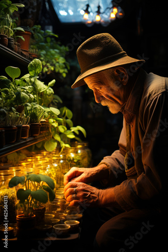 Old man wearing a hat sits over the multiple seedlings. Farmer sowing the seeds in the barn. Generative AI.