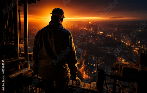 Male engineer in hard hat looking at the city. Man enjoying the cityscape from top at night. Generative AI.