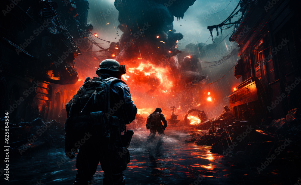 Heavy rain falling on the city destroyed by war. Soldiers go through the water filling the street. Huge fire at backdrop. Generative AI. Heavy rain falling on the city destroyed by war. Soldiers go through the water filling the street. Huge fire at backdrop. Generative AI.