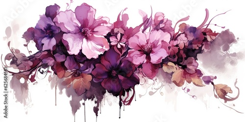 Fototapeta Naklejka Na Ścianę i Meble -  AI Generated. AI Generative. Beautiful decorative blossom bloom botanical floral pink purple flowers watercolor on white background canvas view paint