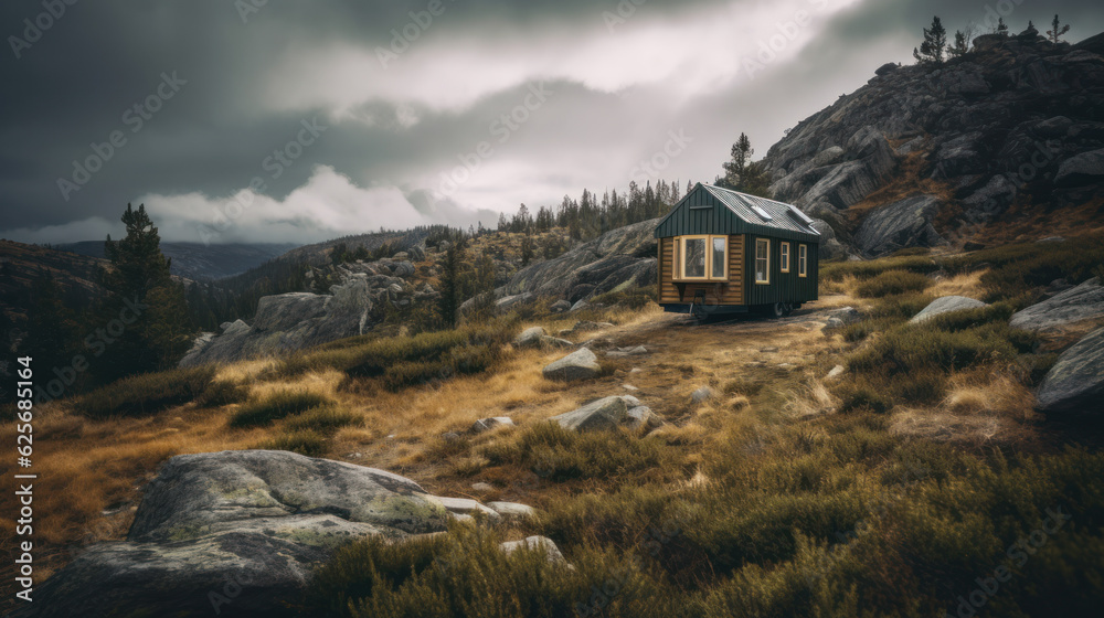 tiny house on wheels, parked in scenic mountain landscape.