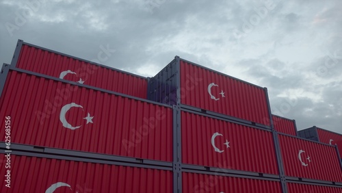 Turkey export or import concept. Turkey flag containers are located at the container terminal. 3d illustration
