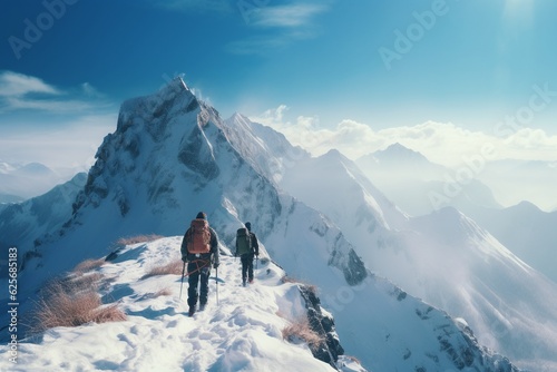 Photograph of people hiking in snowy mountain, Generative AI