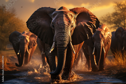 Canvas Print full body of herd of very long-tusked elephants in the sunset