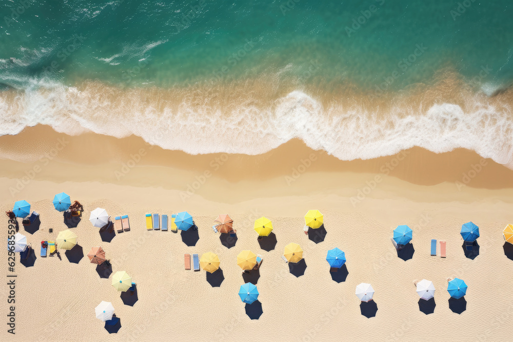 Aerial view of beach. Ocean shoreline with umbrellas. Summer vacation. Aerial view of beach. Ocean shoreline with umbrellas. Summer vacation.