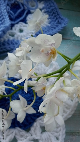 Blue  white crochet elements and orchid. Crochet texture  place for an inscription  adapted for mobile phone