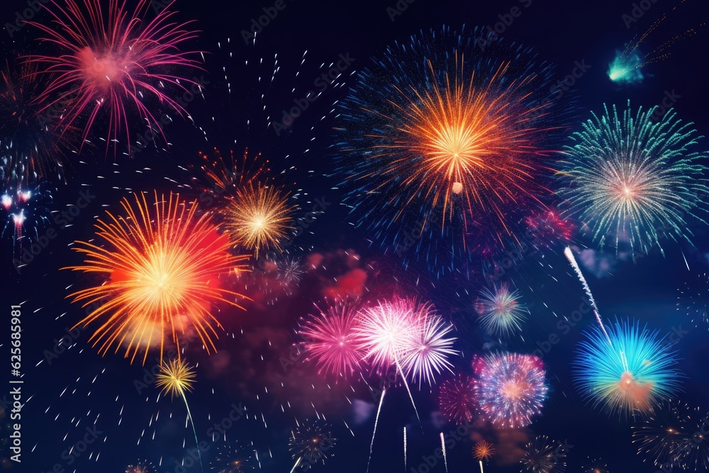 Colorful fireworks. Festival celebration explosion. Abstract firecrackers in the night sky.
