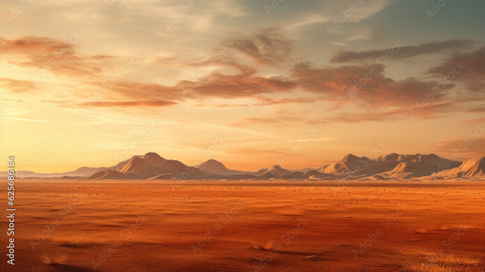 Cinematic African landscape. Sahara grasslands. Sunrise over the desert plains. Safari views.