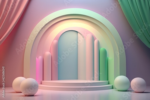 Stand podium wall scene pastel color background, geometric shape for product display presentation. Minimal scene for mockup products, stage showcase, promotion display. © PimPhoto
