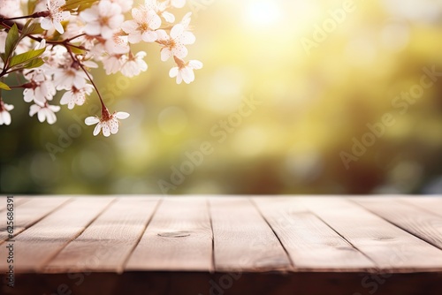 Wood planks with copy space and blurred spring.