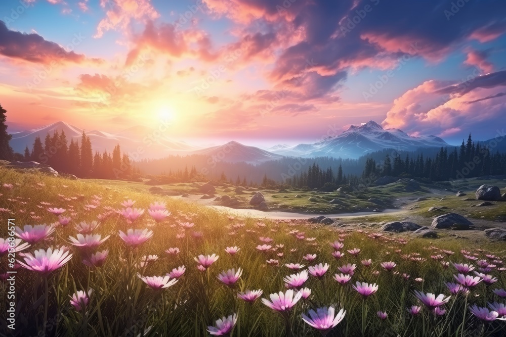 Beautiful summer sunrise in the mountain meadow with wildflowers. Beautiful landscape with meadow flowers while sunset.