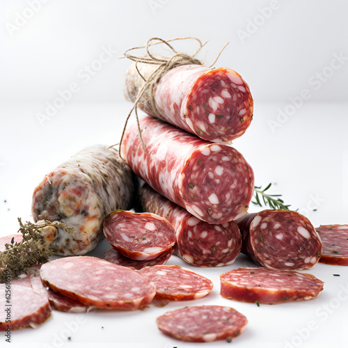 Assorted smoked sausages on white background