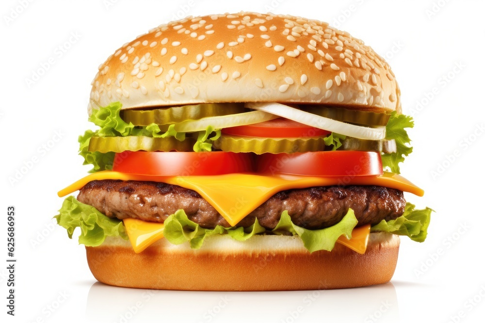Juicy hamburger with cheese, lettuce, tomato, and onion. Juicy hamburger with cheese, lettuce, tomato, and onion.