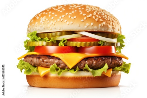 Juicy hamburger with cheese, lettuce, tomato, and onion.