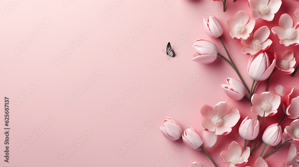  tulip flower top view copy space on pink background greeting card