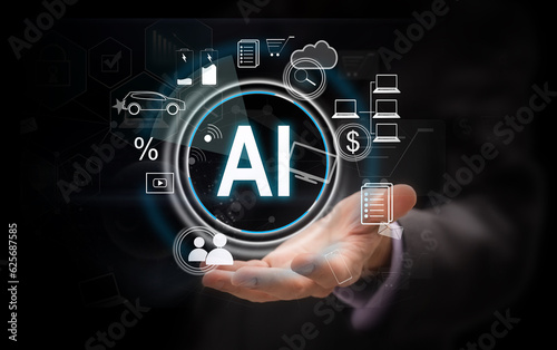 Wallpaper Mural Artificial intelligence or ai concept. Futuristic icon design and graphics over hand with tablet. Torontodigital.ca