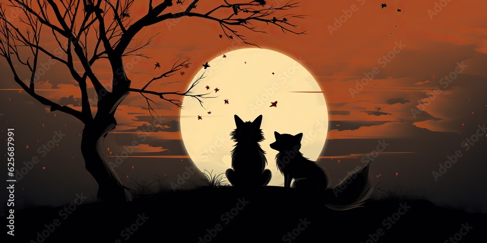 AI Generated. AI Generative. Two lovely romantic cute foxes looking at moon. Nature forest wedding kids view