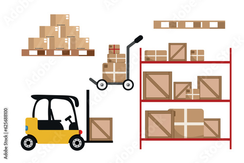 Vector illustration of trucks cartoon style. Moving various boxes and crates with racks and shields using cars isolated on a white background. Lifting equipment.