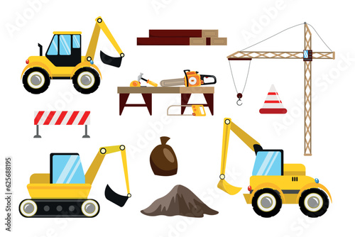 Vector illustration of a set of construction equipment in cartoon style. Tools, lathes, bags, signs, boards, crane and cars isolated on white background. Construction.
