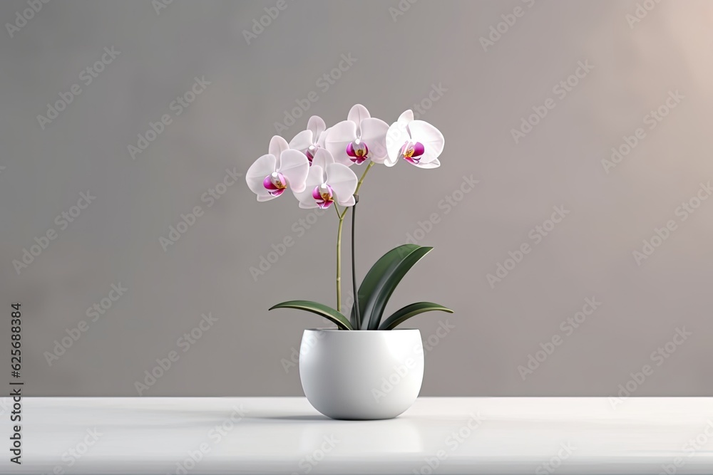 Beautiful white pink orchid phalaenopsis in bloom in a pot on a glass table with a light wall background. indoor flowers in a home. a mockup with copy
