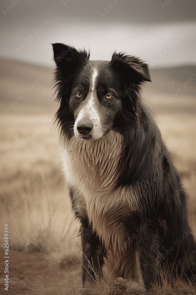 Monochrome Serenity: A Dog in the Field - AI Generated