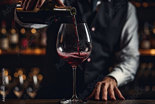 bartender pouring red wine, elegant glass, ambient wine bar backdrop, perfect for fine dining adverts, ai generated