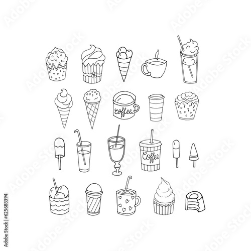 Vector illustration with sweets, glasses, ice-cream, cakes. Set of cafe utensils. Doodle style.