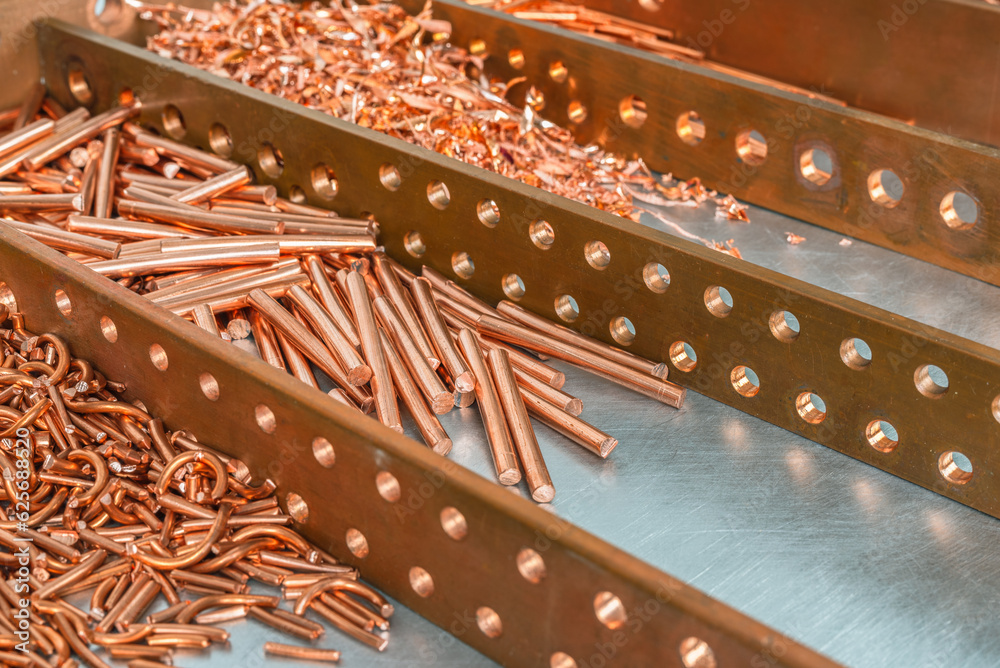 Copper scrap, raw material industry on metal background
