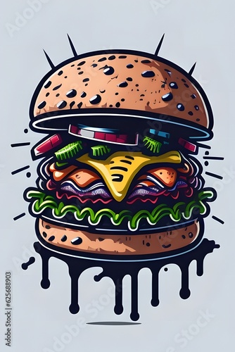 Whimsical Burger Delights  A Colorful Cartoon Illustration Hamburger. Generative AI